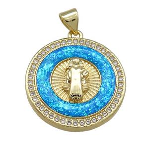 Jesus Charms Copper Circle Pendant Pave Blue Fire Opal Zircon 18K Gold Plated, approx 22mm [FD14329]