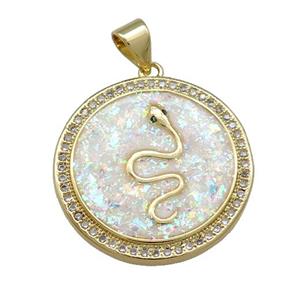 Snake Charms Copper Circle Pendant Pave White Fire Opal Zircon 18K Gold Plated, approx 22mm [FD14330]