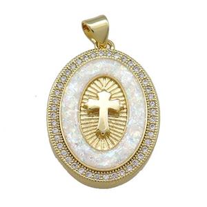 Copper Oval Pendant Pave White Fire Opal Zircon Cross Medal Charms 18K Gold Plated, approx 18-25mm [FD14331]