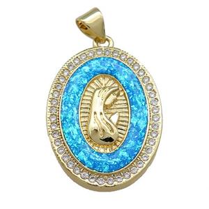 Copper Oval Pendant Pave White Fire Opal Zircon Virgin Mary Medal Prayer Charms 18K Gold Plated, approx 18-25mm [FD14333]