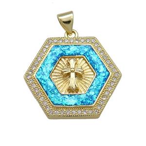 Copper Hexagon Pendant Pave Blue Fire Opal Zircon Cross 18K Gold Plated, approx 20mm [FD14335]