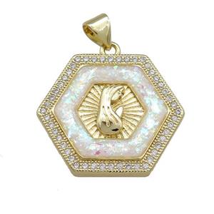 Copper Hexagon Pendant Pave White Fire Opal Zircon Virgin Mary Prayer 18K Gold Plated, approx 20mm [FD14338]