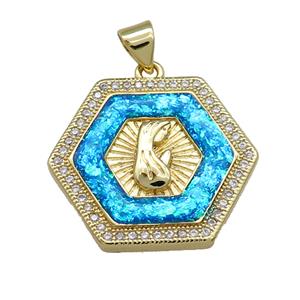 Copper Hexagon Pendant Pave Blue Fire Opal Zircon Virgin Mary Prayer 18K Gold Plated, approx 20mm [FD14339]