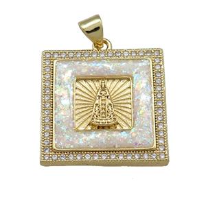 Copper Square Pendant Pave White Fire Opal Zircon Virgin Mary 18K Gold Plated, approx 22mm [FD14340]
