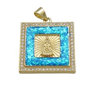 Copper Square Pendant Pave Blue Fire Opal Zircon Virgin Mary 18K Gold Plated, approx 22mm [FD14341]