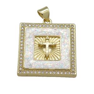 Copper Square Pendant Pave White Fire Opal Zircon Cross 18K Gold Plated, approx 22mm [FD14342]