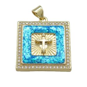 Copper Square Pendant Pave Blue Fire Opal Zircon Cross 18K Gold Plated, approx 22mm [FD14343]