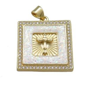Copper Square Pendant Pave White Fire Opal Zircon Cross 18K Gold Plated, approx 22mm [FD14344]