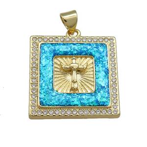 Copper Square Pendant Pave Blue Fire Opal Zircon Cross 18K Gold Plated, approx 22mm [FD14345]