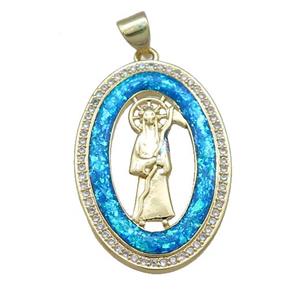 Saint Jude Charms Copper Oval Pendant Pave Blue Fire Opal Zircon 18K Gold Plated, approx 20-30mm [FD14347]