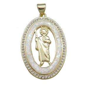Saint Jude Charms Copper Oval Pendant Pave White Fire Opal Zircon 18K Gold Plated, approx 20-30mm [FD14348]