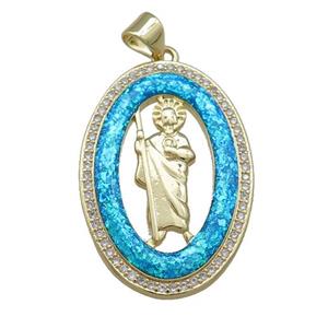 Saint Jude Charms Copper Oval Pendant Pave Blue Fire Opal Zircon 18K Gold Plated, approx 20-30mm [FD14349]