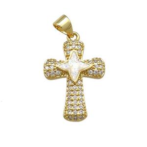 Copper Cross Pendant Pave White Fire Opal Zircon 18K Gold Plated, approx 15-20mm [FD14350]
