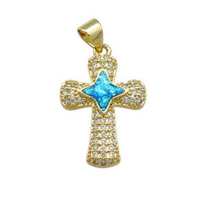 Copper Cross Pendant Pave Blue Fire Opal Zircon 18K Gold Plated, approx 15-20mm [FD14351]
