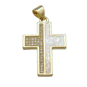 Copper Cross Pendant Pave White Fire Opal Zircon 18K Gold Plated, approx 17-22mm [FD14352]