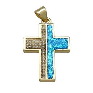 Copper Cross Pendant Pave Blue Fire Opal Zircon 18K Gold Plated, approx 17-22mm [FD14353]