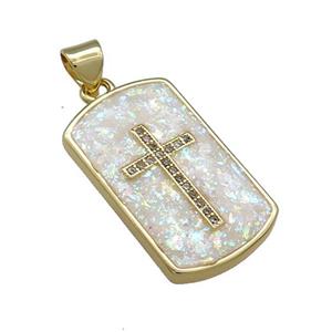 Copper Rectangle Pendant Pave White Fire Opal Zircon Cross 18K Gold Plated, approx 14-23mm [FD14354]