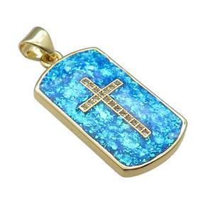 Copper Rectangle Pendant Pave Blue Fire Opal Zircon Cross 18K Gold Plated, approx 14-23mm [FD14355]