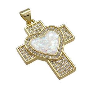 Copper Cross Pendant Pave White Fire Opal Zircon Heart 18K Gold Plated, approx 21-24mm [FD14356]