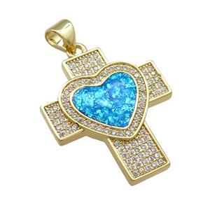 Copper Cross Pendant Pave Blue Fire Opal Zircon Heart 18K Gold Plated, approx 21-24mm [FD14357]
