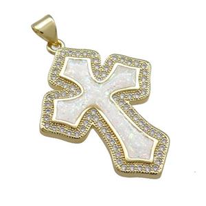Copper Cross Pendant Pave White Fire Opal Zircon 18K Gold Plated, approx 25-30mm [FD14358]