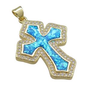 Copper Cross Pendant Pave Blue Fire Opal Zircon 18K Gold Plated, approx 25-30mm [FD14359]