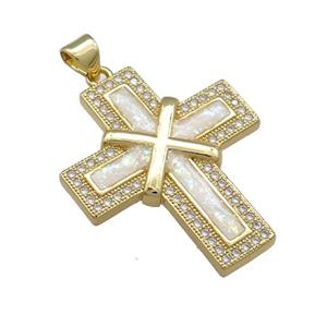 Copper Cross Pendant Pave White Fire Opal Zircon 18K Gold Plated, approx 25-30mm [FD14360]
