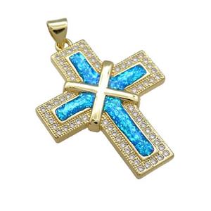 Copper Cross Pendant Pave Blue Fire Opal Zircon 18K Gold Plated, approx 25-30mm [FD14361]