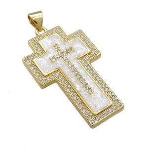 Copper Cross Pendant Pave White Fire Opal Zircon 18K Gold Plated, approx 20-32mm [FD14362]