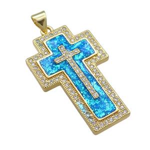 Copper Cross Pendant Pave Blue Fire Opal Zircon 18K Gold Plated, approx 20-32mm [FD14363]