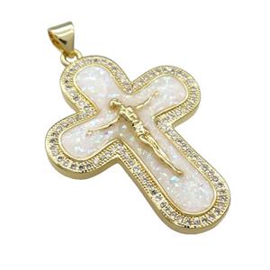 Copper Crucifix Cross Pendant Pave White Fire Opal Zircon Jesus 18K Gold Plated, approx 26-35mm [FD14364]