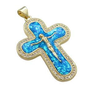 Copper Crucifix Cross Pendant Pave Blue Fire Opal Zircon Jesus 18K Gold Plated, approx 26-35mm [FD14365]