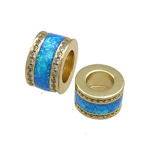 Copper Tube Beads Pave White Blue Opal Large Hole 18K Gold Plated, approx 7x11mm, 6mm hole [FD14432-11MM]