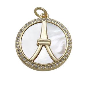 Copper Circle Pendant Pave Shell Zircon Eiffel Tower 18K Gold Plated, approx 19mm [FD14486]