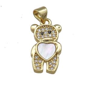 Copper Bear Charms Pendant Pave Shell Heart Zircon 18K Gold Plated, approx 11-18mm [FD14488]