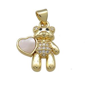 Copper Bear Pendant Pave Shell Heart Zircon 18K Gold Plated, approx 15-18mm [FD14492]