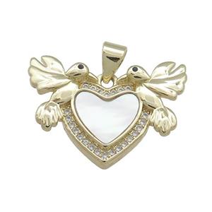 Copper Heart Pendant Pave Shell Zircon Double Birds 18K Gold Plated, approx 16-23mm [FD14514]