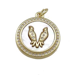 Copper Circle Pendant Pave Shell Zircon Double Birds 18K Gold Plated, approx 18mm [FD14535]