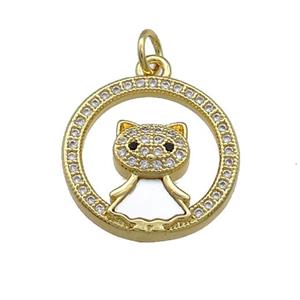 Copper Cat Pendant Pave Shell Zircon Circle 18K Gold Plated, approx 18mm [FD14543]