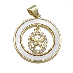 Copper Butterfly Pendant Pave Shell Zircon Circle 18K Gold Plated, approx 8-10mm, 21mm [FD14550]