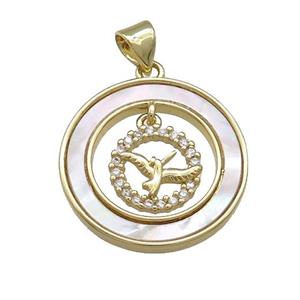 Copper Birds Pendant Pave Shell Zircon Circle 18K Gold Plated, approx 8mm, 21mm [FD14558]