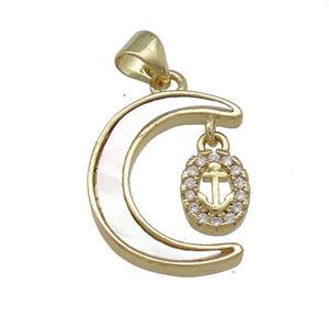 Copper Moon Pendant Pave Shell Zircon Cross 18K Gold Plated, approx 6-8mm, 14-18mm [FD14561]