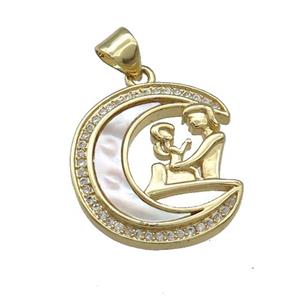 Copper Moon Pendant Pave Shell Zircon Couple 18K Gold Plated, approx 18-20mm [FD14567]