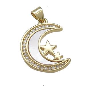Copper Moon Pendant Pave Shell Zircon Star 18K Gold Plated, approx 18-20mm [FD14570]