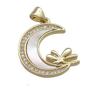 Copper Moon Pendant Pave Shell Zircon Dragonfly 18K Gold Plated, approx 18-20mm [FD14571]