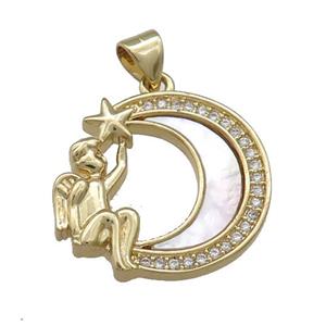 Copper Moon Pendant Pave Shell Zircon Angel 18K Gold Plated, approx 20-22mm [FD14572]