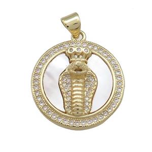 Cobra Snake Charms Copper Circle Pendant Pave Shell Zircon 18K Gold Plated, approx 21mm [FD14575]