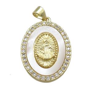 Virgin Mary Copper Oval Pendant Pave Shell Zircon Religious 18K Gold Plated, approx 19-25mm [FD14577]