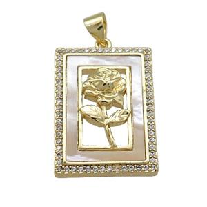 Flower Copper Rectangle Pendant Pave Shell Zircon 18K Gold Plated, approx 16-23mm [FD14579]
