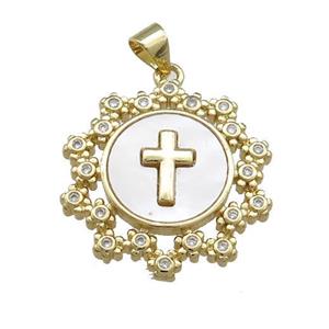 Copper Wreath Pendant Pave Shell Zircon Cross 18K Gold Plated, approx 22mm [FD14587]